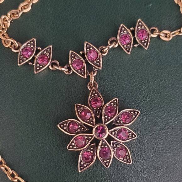 Caroline Necklace Gold Tone Purple Rhinestones in Black Art Deco Style Signed - Picture 1 of 9